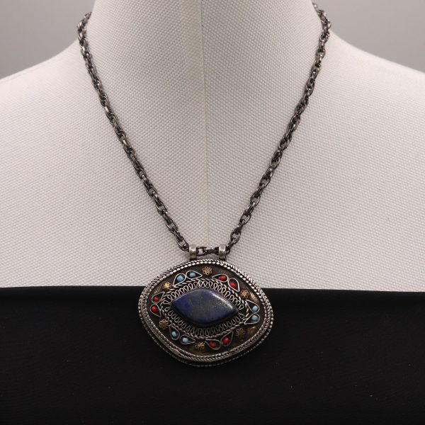 Afghan Handmade Jewelry Vintage Lapis Lazuli Pendant Necklace-Antique-Necklace Kuchi Tribe Necklace-Handcraft Necklace-Nomad Pendant Jewelry